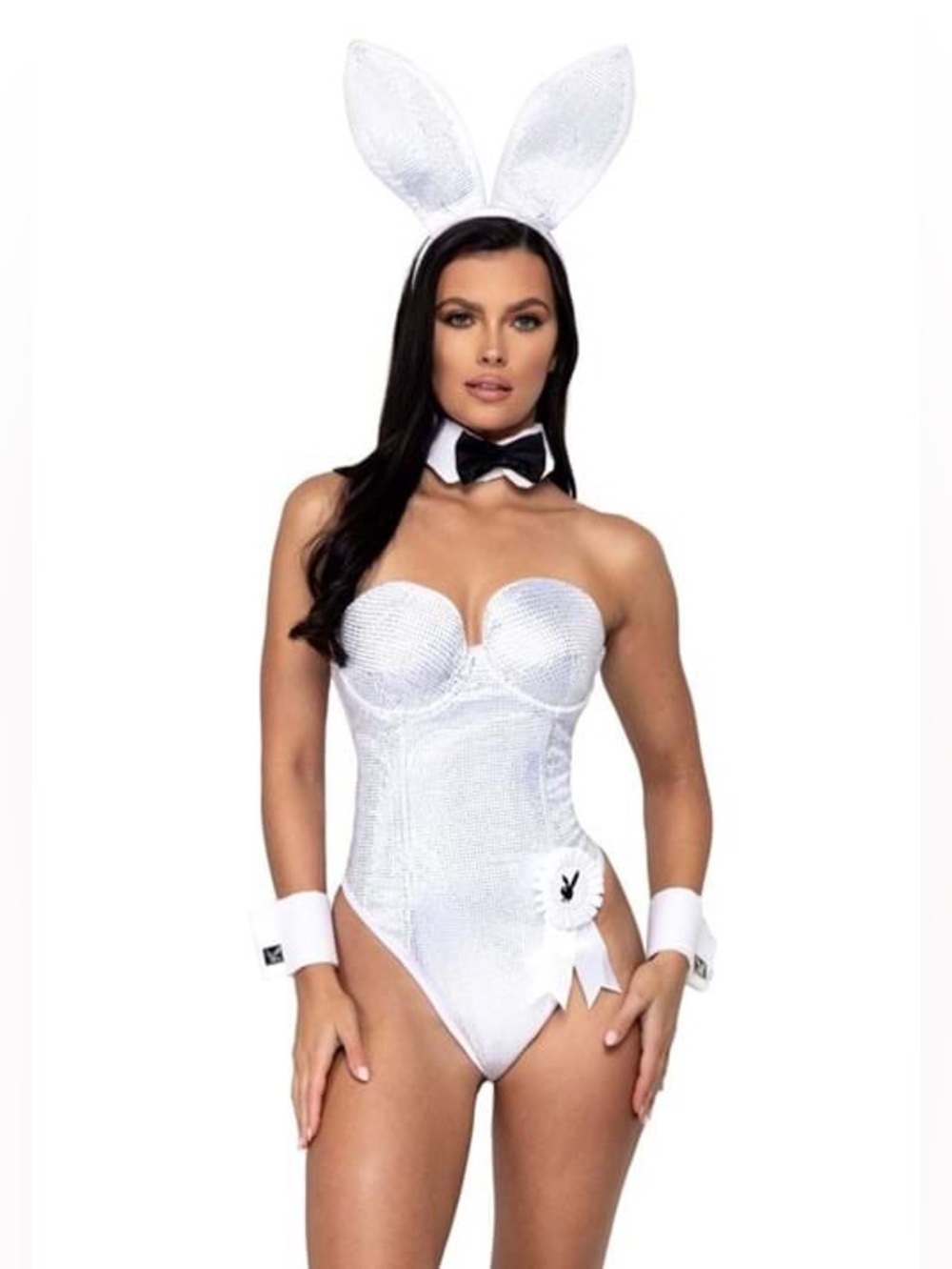 New White Rhinestone Classic Playboy Bunny Club Halloween Cosplay Costume Set S🤍